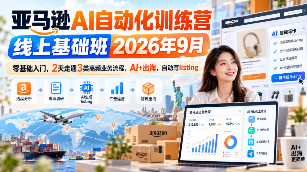 亚马逊AI自动化训练营线上基础班2026年9月，零基础入门，2天走通3类高频业务流程，AI+出海，自动写listing-UUY