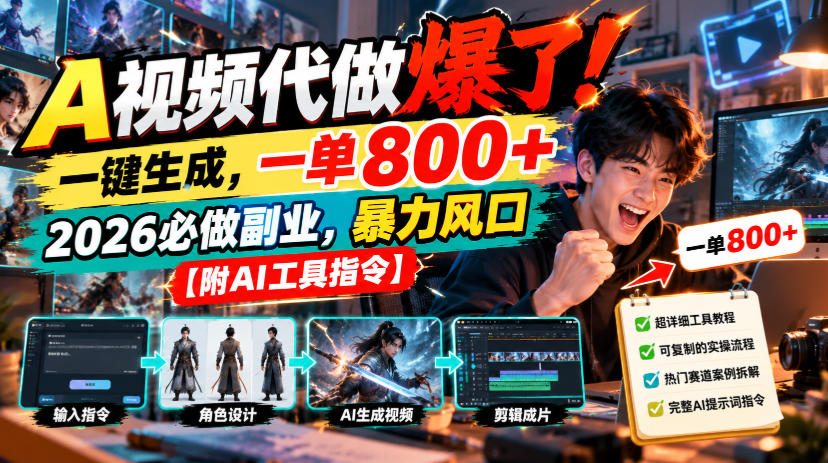 A视频代做爆了！一键生成，一单800+，2026必做副业，暴力风口【附AI工具指令】-UUY