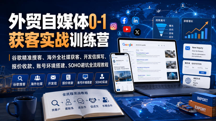外贸自媒体0-1获客实战训练营｜谷歌精准搜客、海外全社媒获客、开发信撰写、报价收款、账号环境搭建、SOHO避坑全流程教程(更新)-UUY