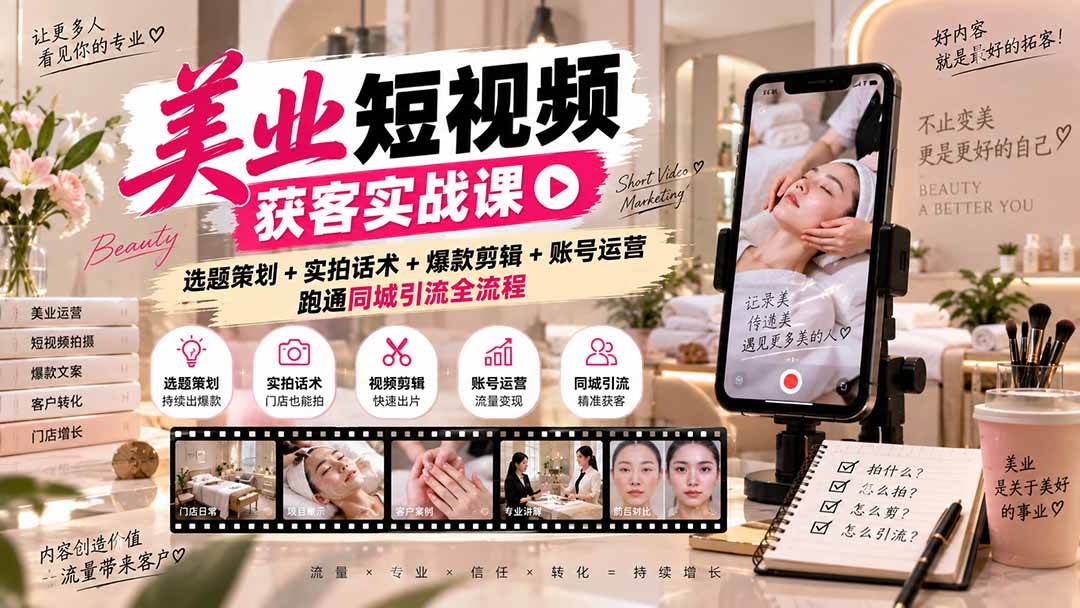 （20586期）美业短视频获客实战课-无水印：选题策划+实拍话术+爆款剪辑+账号运营，跑通同城引流全流程-UUY