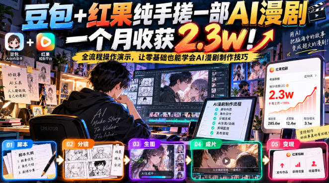 豆包+红果纯手搓一部AI漫剧一个月收获2.3w！全流程操作演示，让零基础也能学会AI漫剧制作技巧-UUY