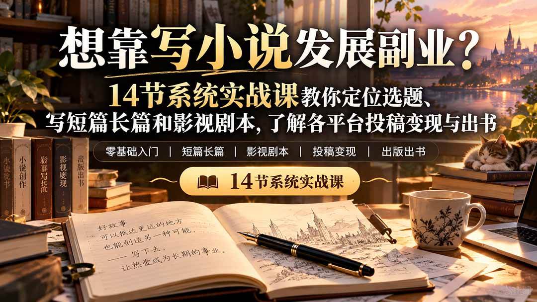 （21031期）【无水印】想靠写小说发展副业？14节系统实战课教你定位选题、写短篇长篇和影视剧本，了解各平台投稿变现与出书-UUY