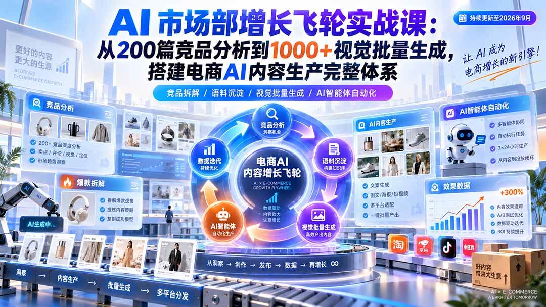 （20436期）AI 市场部增长飞轮实战课：从200篇竞品分析到1000+视觉批量生成，搭建电商AI内容生产完整体系-UUY