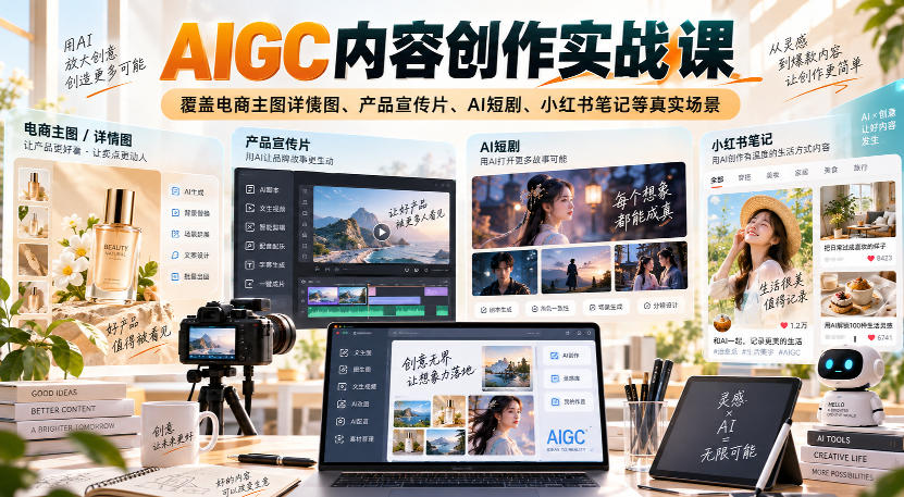 AIGC内容创作实战课，覆盖电商主图详情图、产品宣传片、AI短剧、小红书笔记等真实场景-UUY