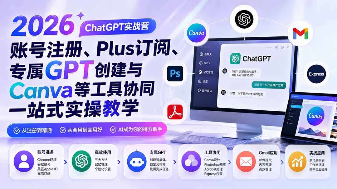 2026 ChatGPT实战营；账号注册、Plus订阅、专属GPT创建与Canva等工具协同一站式实操教学-UUY