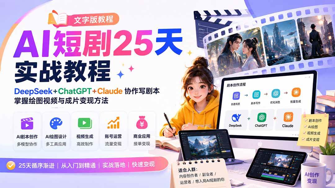 （20225期）AI短剧25天实战教程（文字版教程）：DeepSeek+ChatGPT+Claude协作写剧本，掌握绘图视频与成片变现方法-UUY