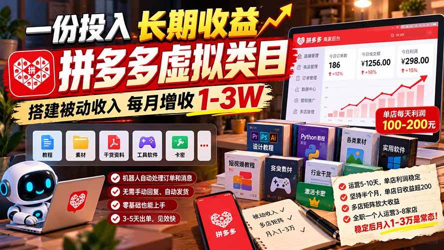 （21166期）一份投入长期收益，拼多多虚拟类目，搭建被动收入每月增收 1-3W-UUY