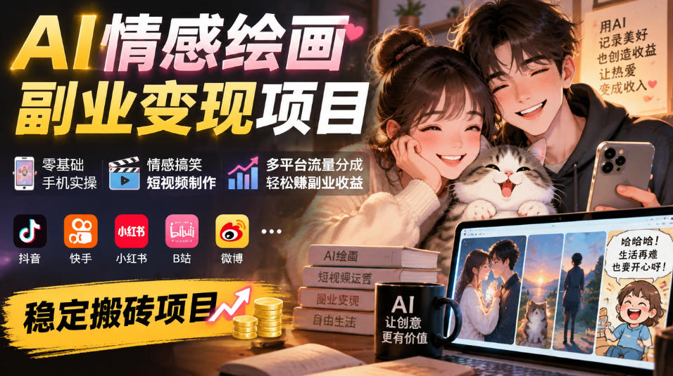 AI情感绘画副业变现项目｜零基础手机实操，情感搞笑短视频制作，多平台流量分成轻松賺副业收益-UUY