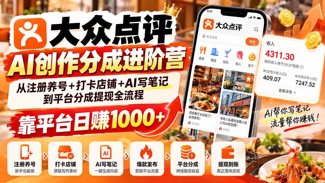 （20759期）大众点评AI创作分成进阶营：从注册养号+打卡店铺+AI写笔记到平台分成提现全流程，靠平台日赚1000+-UUY