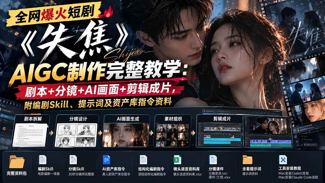 （20805期）全网爆火短剧《失焦》AIGC制作完整教学：剧本+分镜+AI画面+剪辑成片，附编剧Skill、提示词及资产库指令资料-UUY