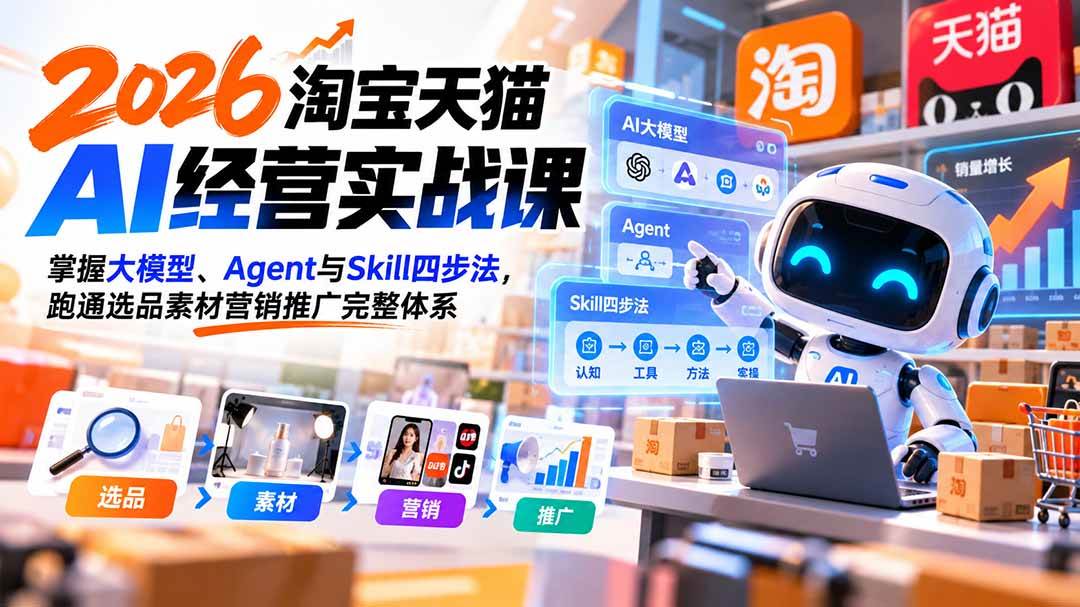 （20676期）【无水印】2026淘宝天猫AI经营实战课：掌握大模型、Agent与Skill四步法，跑通选品素材营销推广完整体系-UUY