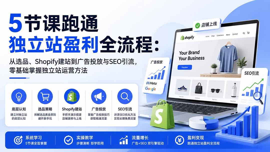 （20316期）5节课跑通独立站盈利全流程：从选品、Shopify建站到广告投放与SEO引流，零基础掌握独立站运营方法-UUY