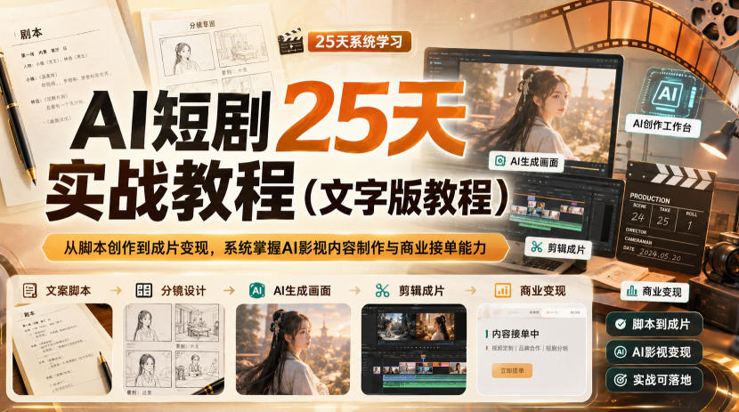 AI短剧25天实战教程（文字版教程），从脚本创作到成片变现，系统掌握AI影视内容制作与商业接单能力-UUY
