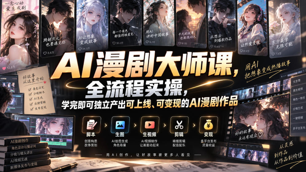 AI漫剧大师课，全流程实操，学完即可独立产出可上线、可变现的AI漫剧作品-UUY