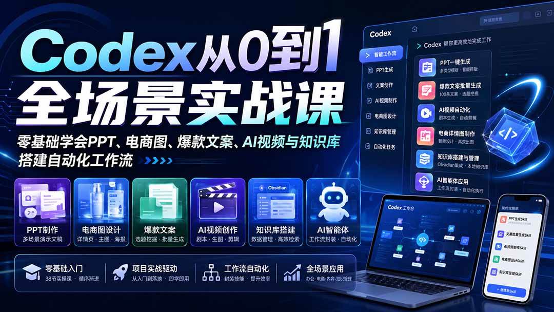 （20041期）Codex从0到1全场景实战课：零基础学会PPT、电商图、爆款文案、AI视频与知识库，搭建自动化工作流-UUY