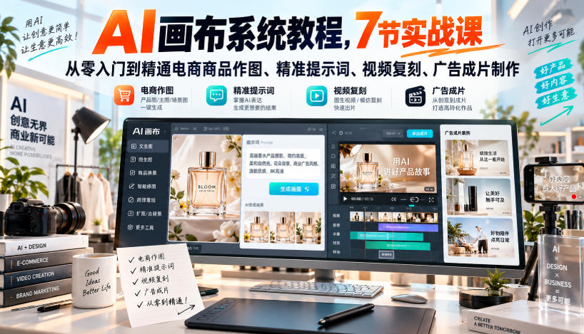 AI画布系统教程，7节实战课从零入门到精通电商商品作图、精准提示词、视频复刻、广告成片制作-UUY