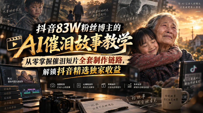 抖音83W粉丝博主的AI催泪故事教学，从零掌握催泪短片全套制作链路，解锁抖音精选独家收益-UUY
