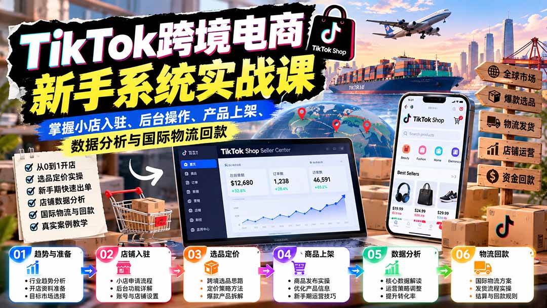 （20672期）TikTok跨境电商新手系统实战课：掌握小店入驻、后台操作、产品上架、数据分析与国际物流回款-UUY