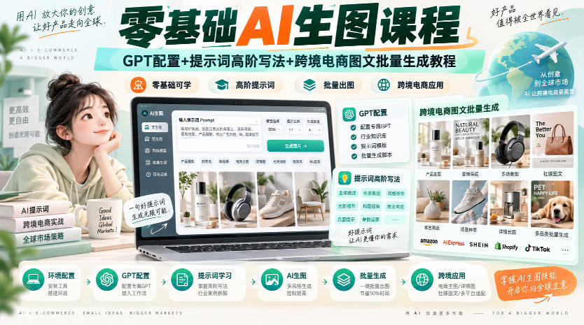 零基础AI生图课程，GPT配置+提示词高阶写法+跨境电商图文批量生成教程-UUY