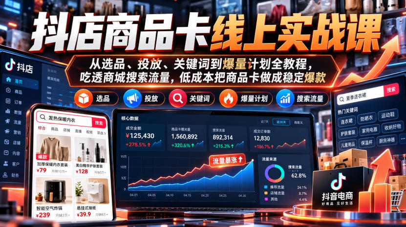 抖店商品卡线上实战课｜从选品、投放、关键词到爆量计划全教程，吃透商城搜索流量，低成本把商品卡做成稳定爆款-UUY