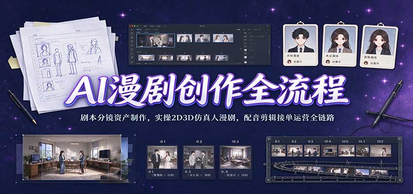 AI漫剧创作全流程：剧本分镜资产制作，实操2D3D仿真人漫剧，配音剪辑接单运营全链路-UUY
