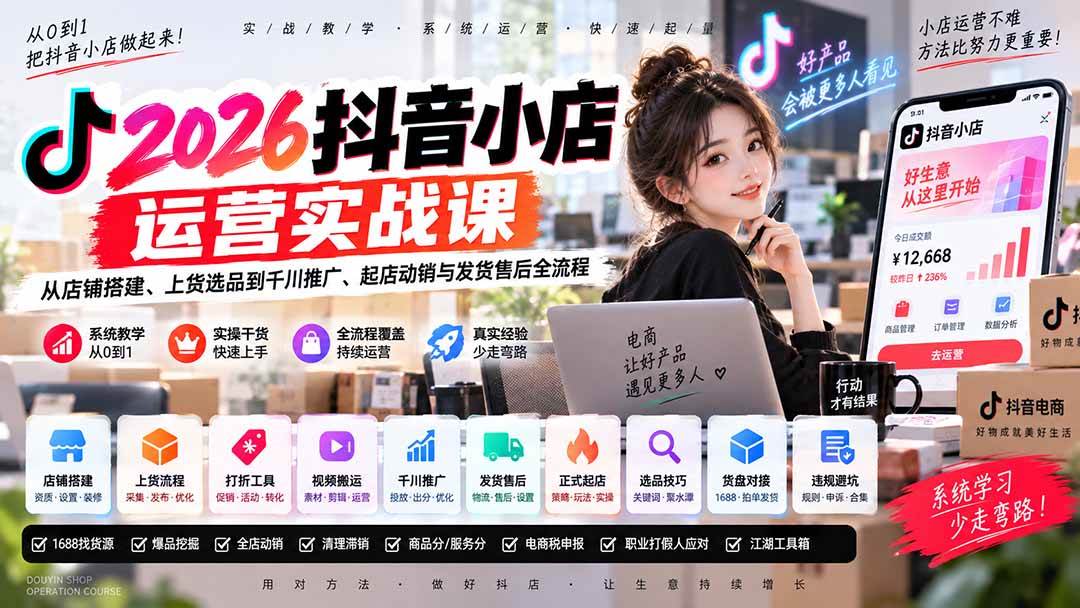 （20568期）2026抖音小店运营实战课｜从店铺搭建、上货选品到千川推广、起店动销与发货售后全流程-UUY
