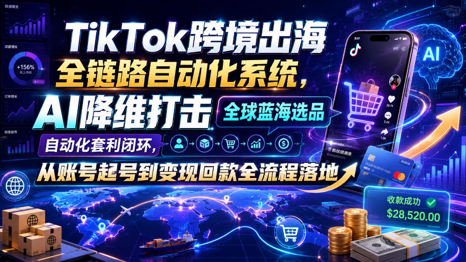 TikTok跨境出海全链路自动化系统，AI降维打击全球蓝海选品自动化套利闭环，从账号起号到变现回款全流程落地（2026年7月）-UUY
