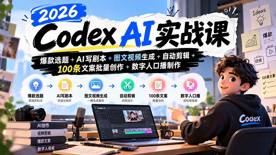 （20899期）2026Codex AI实战课：爆款选题+AI写剧本+图文视频生成+自动剪辑+100条文案批量创作+数字人口播制作-UUY