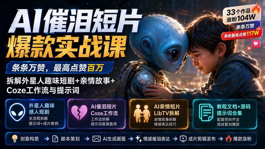 （20038期）AI催泪短片爆款实战课：条条万赞，最高点赞百万，拆解外星人趣味短剧+亲情故事+Coze工作流与提示词-UUY