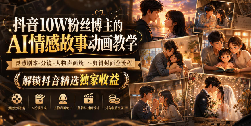 抖音10W粉丝博主的AI情感故事动画教学，灵感剧本‑分镜‑人物声画统一‑剪辑封面全流程，解锁抖音精选独家收益-UUY