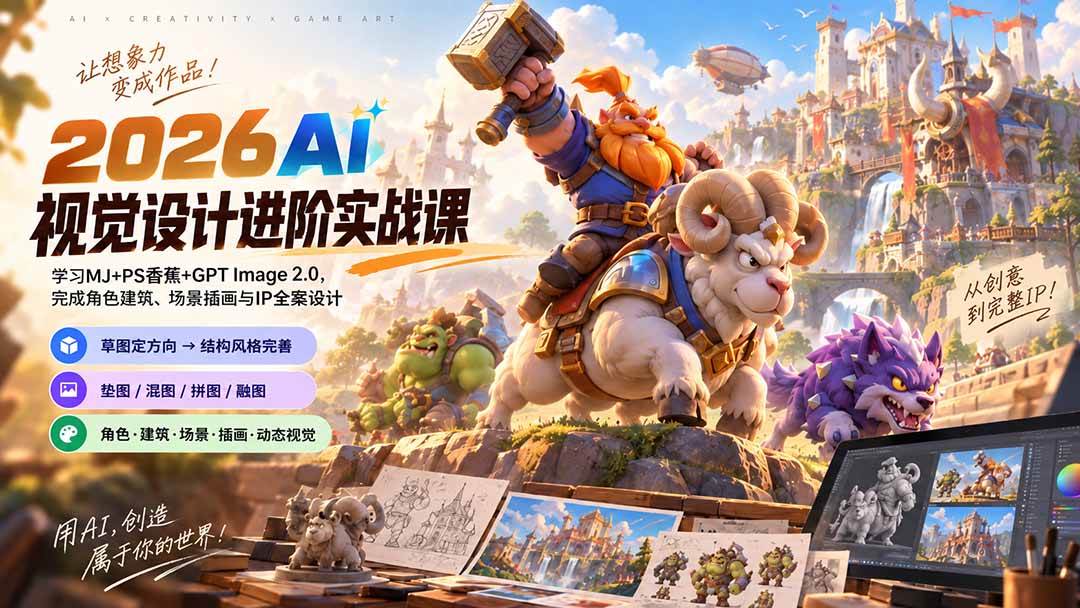 （20852期）2026AI视觉设计进阶实战课-更新1007：学习MJ+PS香蕉+GPT Image 2.0，完成角色建筑、场景插画与IP全案设计-UUY