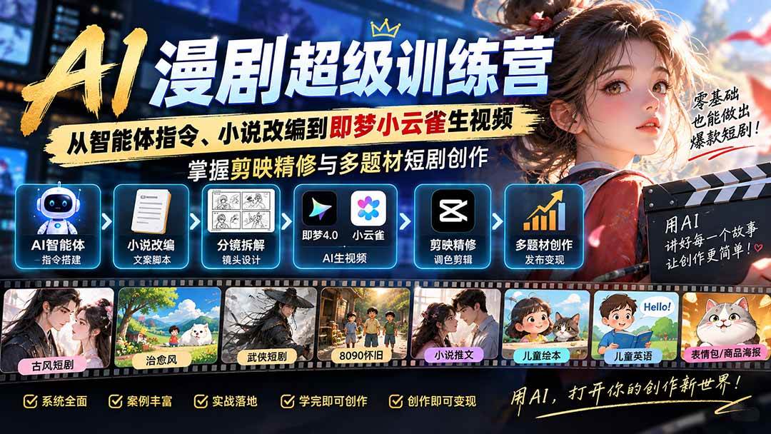 （20491期）AI漫剧超级特训营：从智能体指令、小说改编到即梦小云雀生视频，掌握剪映精修与多题材短剧创作-UUY