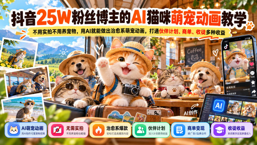 抖音25W粉丝博主的AI猫咪萌宠动画教学，不用实拍不用养宠物，用AI就能做出治愈系萌宠动画，打通伙伴计划、商单、收徒多种收益-UUY
