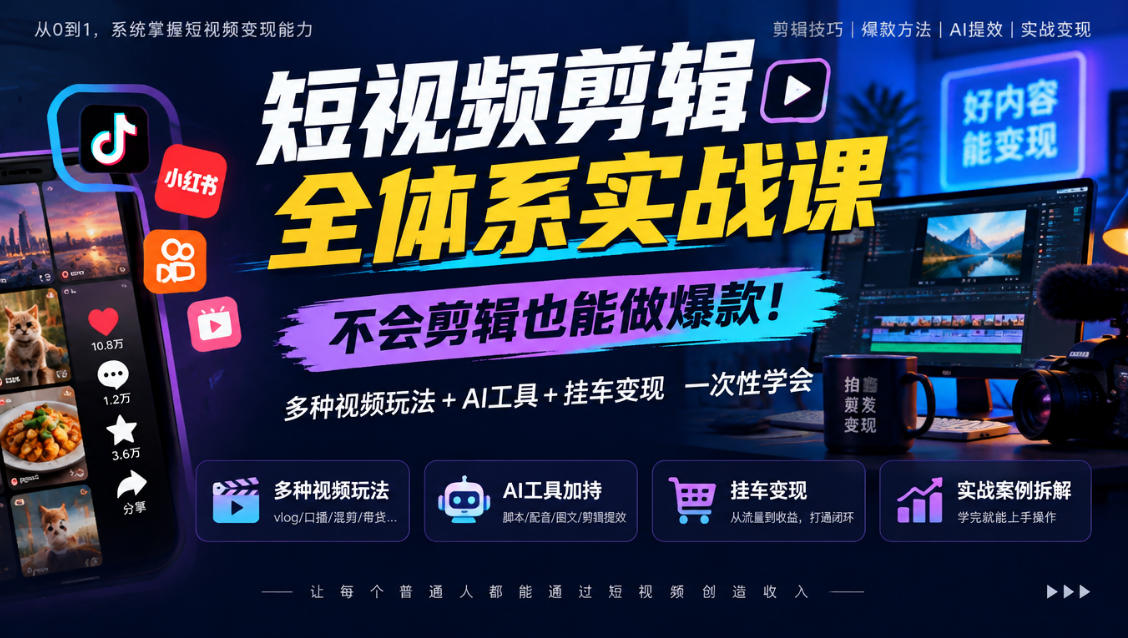 短视频剪辑全体系实战课，不会剪辑也能做爆款，多种视频玩法+AI工具+挂车变现一次性学-UUY