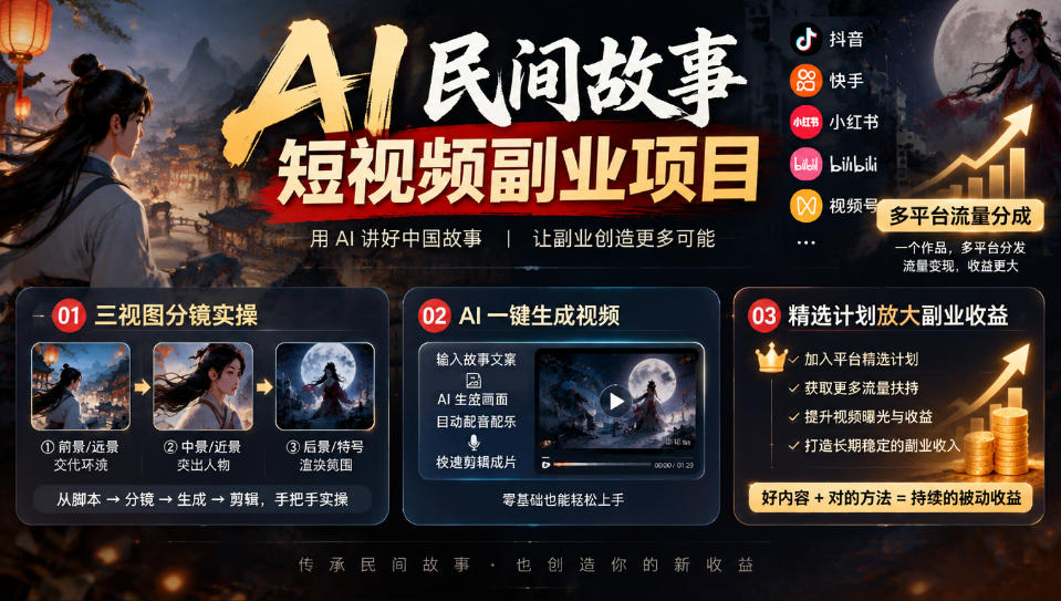 AI民间故事短视频副业项目，多平台流量分成，三视图分镜实操，精选计划放大副业收益-UUY