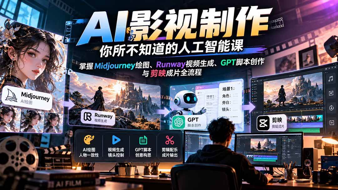 （20681期）AI影视制作-你所不知道的人工智能课，掌握Midjourney绘图、Runway视频生成、GPT脚本创作与剪映成片全流程-UUY