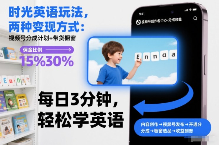 时光英语玩法，两种变现方式：视频号分成计划+带货橱窗-UUY