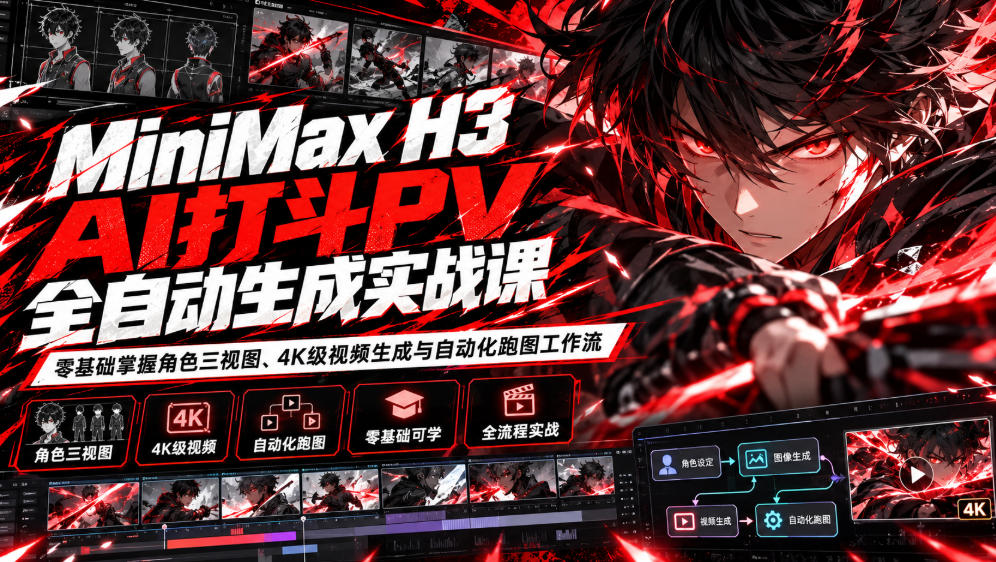 MiniMax H3 AI打斗PV全自动生成实战课：零基础掌握角色三视图、4K级视频生成与自动化跑图工作流-UUY