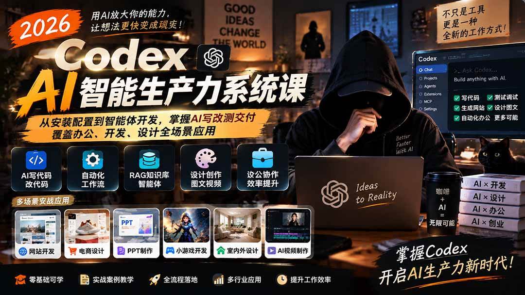 （20535期）2026 Codex AI智能生产力系统课-更新｜从安装配置到智能体开发，掌握AI写改测交付，覆盖办公、开发、设计全场景应用-UUY