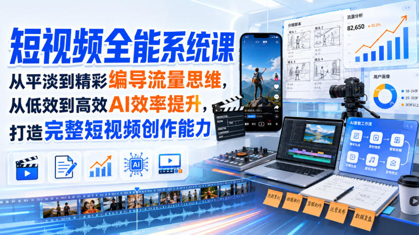 短视频全能系统课，从平淡到精彩编导流量思维，从低效到高效AI效率提升，打造完整短视频创作能力（完整版）-UUY