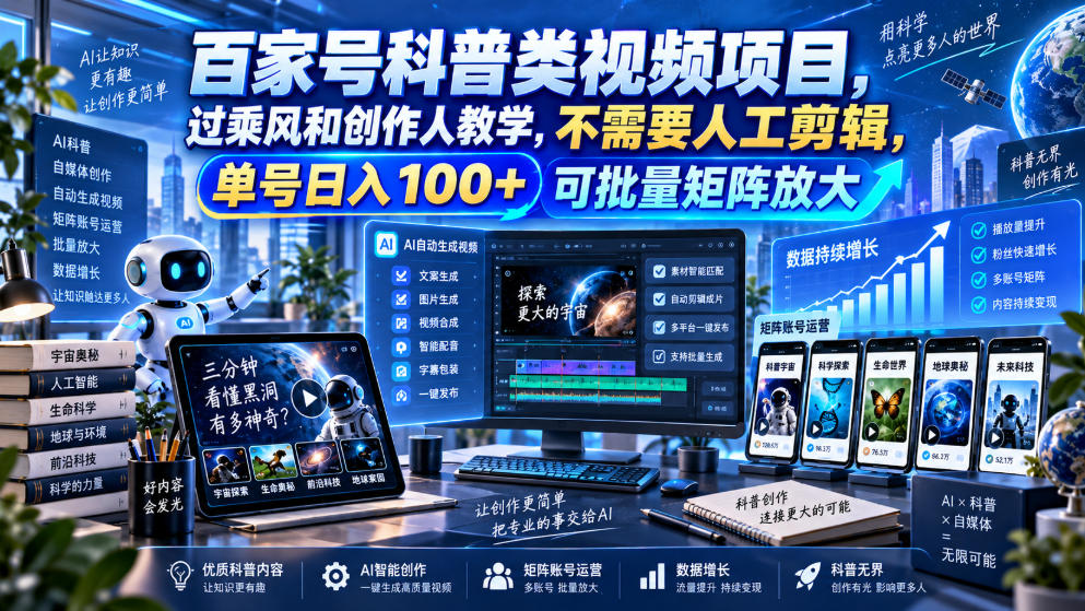 百家号科普类视频项目，过乘风和创作人教学，不需要人工剪辑，单号日入100+可批量矩阵放大-UUY