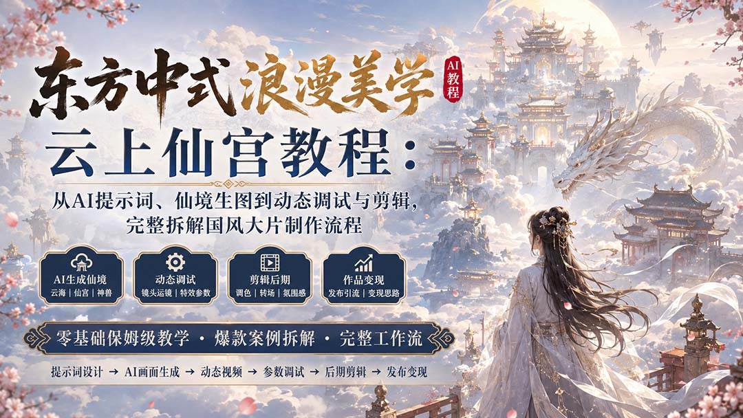 （20147期）东方中式浪漫美学云上仙宫教程：从AI提示词、仙境生图到动态调试与剪辑，完整拆解国风大片制作流程-UUY