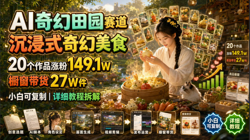 AI奇幻田园赛道，沉浸式奇幻美食，20个作品涨粉149.1W，橱窗带货27W件，小白可复制，详细教程拆解-UUY