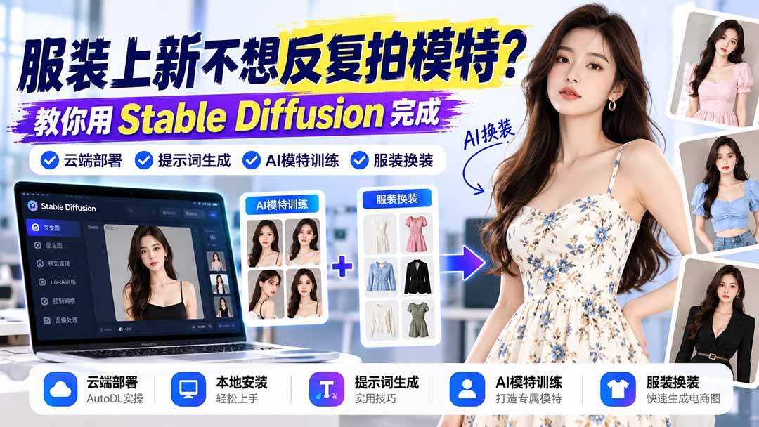 （21099期）服装上新不想反复拍模特？教你用Stable Diffusion完成云端部署、提示词生成、AI模特训练与换装-UUY
