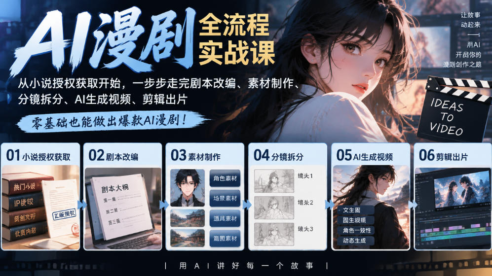 AI漫剧全流程实战课｜从小说授权获取开始，一步步走完剧本改编、素材制作、分镜拆分、AI生成视频、剪辑出片全流程-UUY