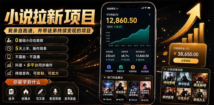 （19379期）抖音及多平台小说拉新项目：我亲自跑通并持续带徒弟实操｜0基础小白5天上手快速变现-UUY