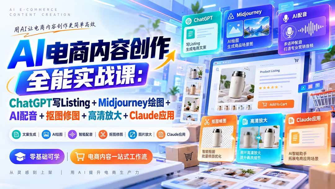 （20770期）【无水印】AI电商内容创作全能实战课：ChatGPT写Listing+Midjourney绘图+AI配音+抠图修图+高清放大+Claude应用-UUY