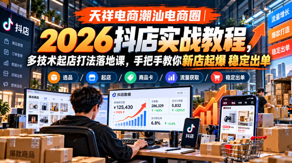 天祥电商潮汕电商圈｜2026抖店实战教程，多技术起店打法落地课，手把手教你新店起爆稳定出单-UUY