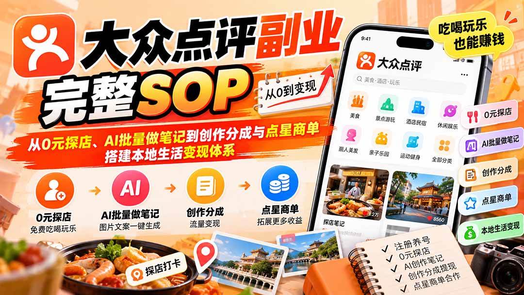 （20638期）【无水印】大众点评副业完整SOP：从0元探店、AI批量做笔记到创作分成与点星商单，搭建本地生活变现体系-UUY