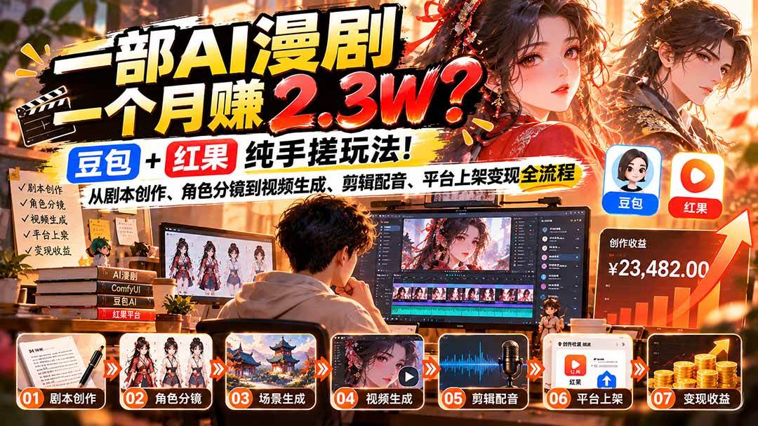 （21089期）一部AI漫剧一个月赚2.3W？豆包+红果纯手搓玩法！从剧本创作、角色分镜到视频生成、剪辑配音、平台上架变现全流程-UUY
